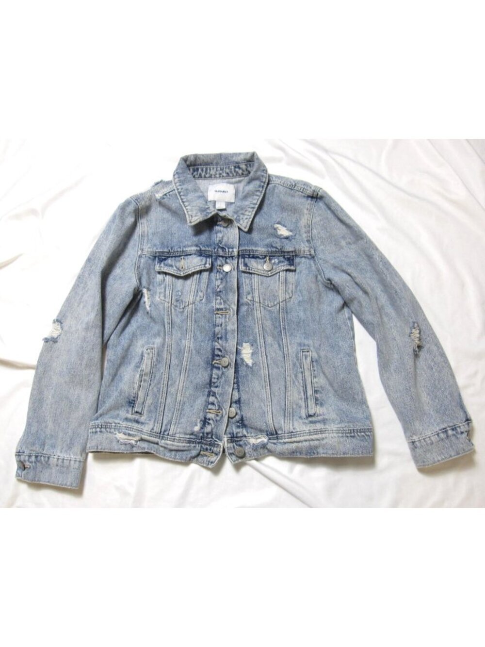 Vintage Style Old Navy Destructed Denim Jacket Women Sz L Light Wash (WJ100)